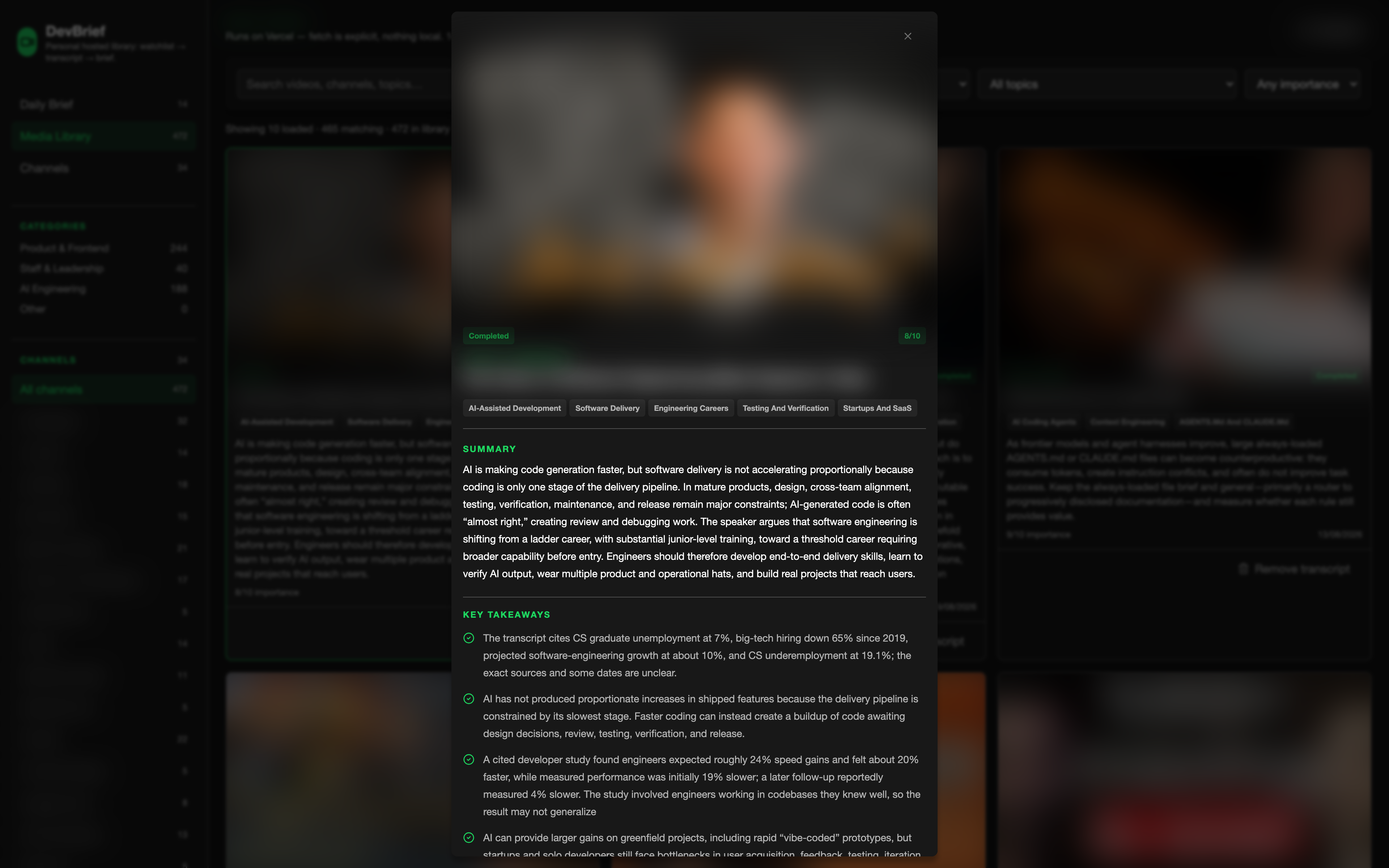 DevBrief brief modal with summary, key takeaways, and tags. The source thumbnail and creator name are blurred.