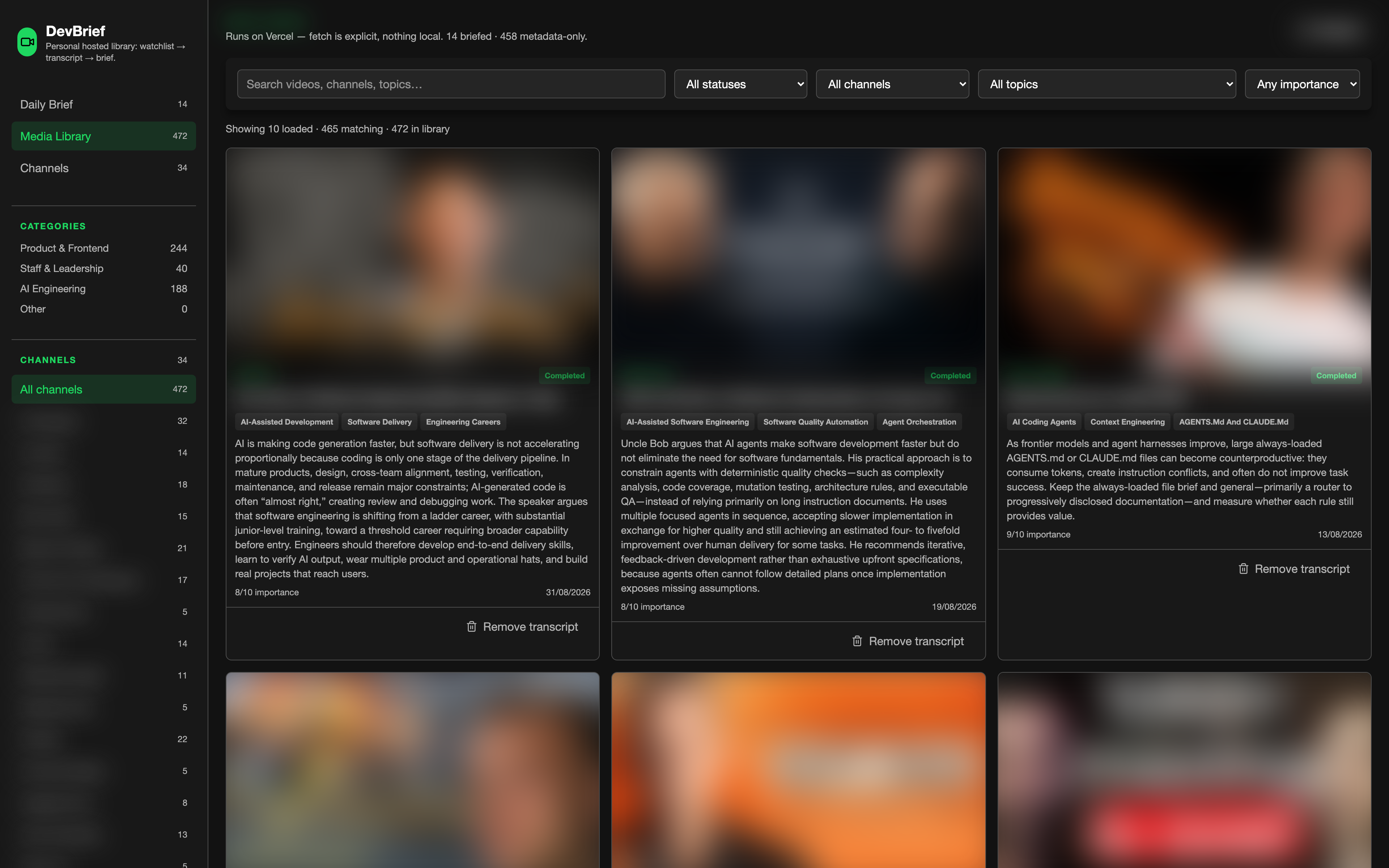 DevBrief media library with search, filters, and completed briefs. Channel names and video thumbnails are blurred.