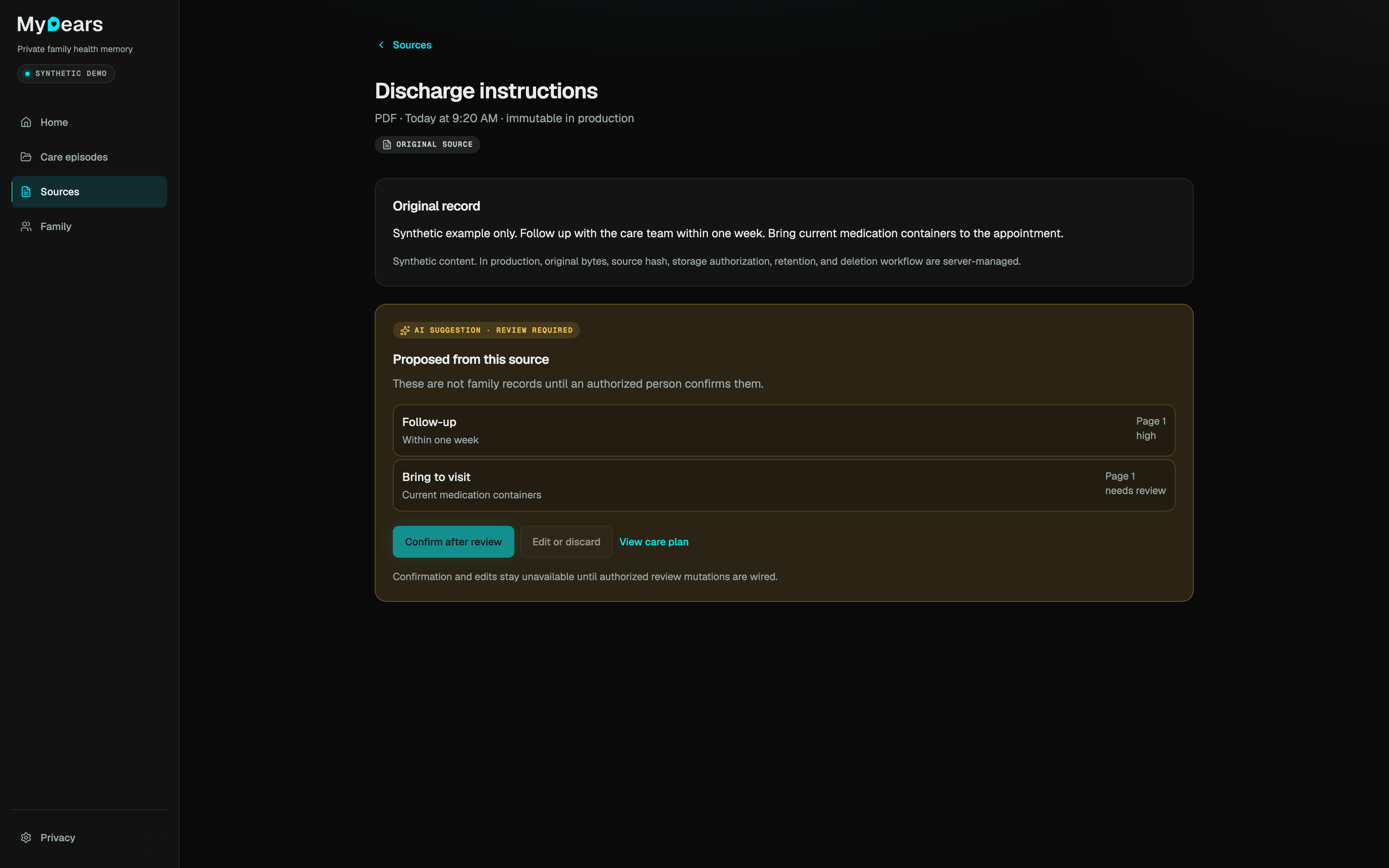Synthetic MyDears discharge source with the original record beside AI suggestions that still need human review. No real health data.
