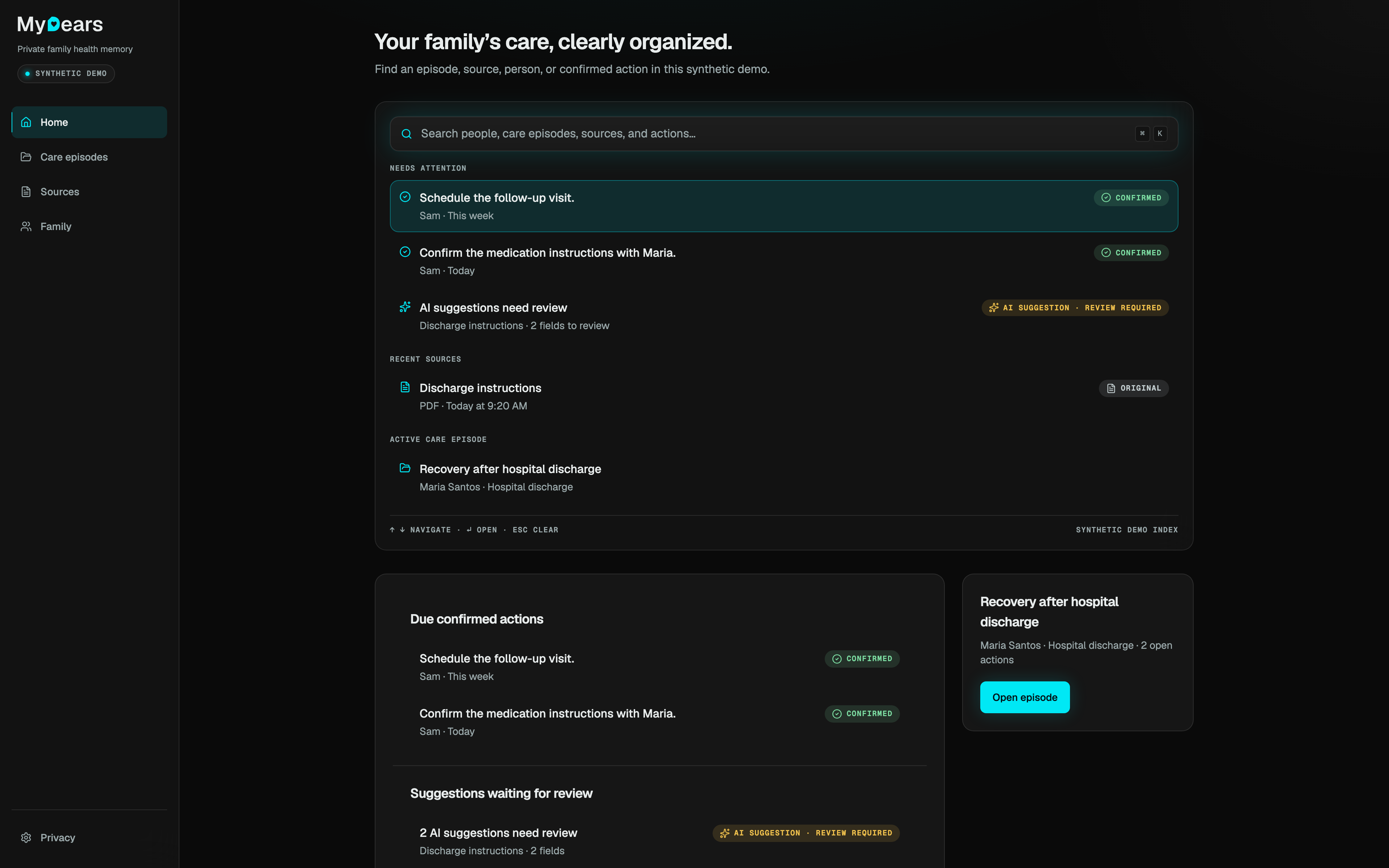 MyDears demo: synthetic home with confirmed actions and AI suggestions waiting for review.