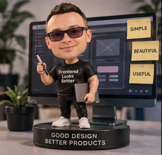 Stylized 3D illustration of Paulius Rimgaila holding a tablet and stylus, wearing a Frontend Looks Better t-shirt.
